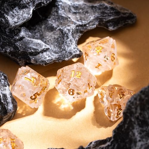 Cusdie Sharp Edge DND Dice, 7 PCS Shamrock DND Dice Set D&D D20 D12 D10 D8 D6 D4, Handcrafted Polyhedral Dice Set for RPG and Other Table Games(White with Gold Foil) - color: White With Gold Foil