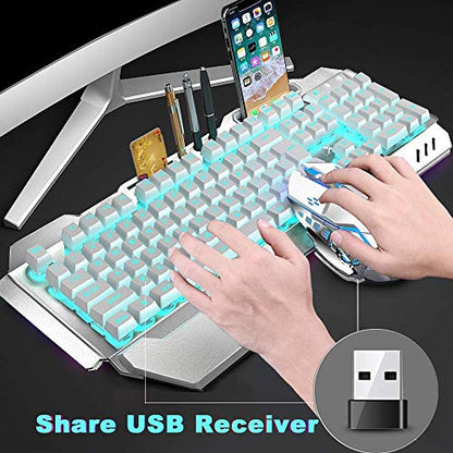 Wireless Keyboard and Mouse, Blue LED Backlit Rechargeable Keyboard with 3800mAh Battery, Metal Panel, Removable Hand Rest Mechanical Feel, 7 Color Gaming Mute Mouse for PC Gamers - color: White Blue