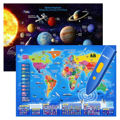 Qiaojoy Bilingual Interactive World Map for Kids Learning and Educational Toys, Talking Electronic Kids World Map i-Poster Geography Games Ages 3 to 12 Years Old, Custom Talking Birthday Gifts Card - style: World Map& Space Poster