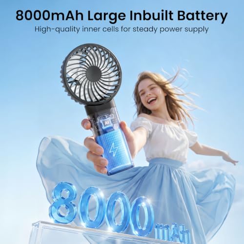 HandFan 2026 𝐔𝐩𝐠𝐫𝐚𝐝𝐞𝐝 Handheld Fan, Hands Free Necklace Fan with lanyard, 8000𝐦𝐀𝐡, 38 Hours Cooling Runtime,180° Foldable (Black) - color: Clear‑Blade Classic Black