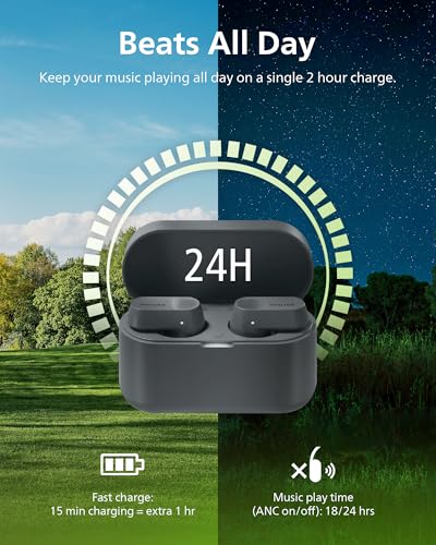 Philips TAT3519 Wireless Earbuds,True Wireless Headphones with Noise Canceling Pro,Dynamic Bass,Clear Call,24 H Battery Life,Fast Charging,Bluetooth 5.3,IPX4,App/Touch Control,Black - size: With tips, style: T3519|Durable playtime
