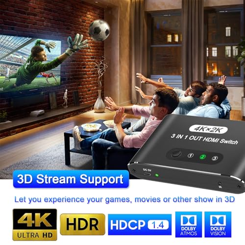 HDMI Switch 3 in 1 Out, 4K@60Hz HDMI Selector with Remote Control, 3 Ports HDMI Switcher, Perfect for Full HD 4K 1080P 3D Video Roku Fire TV Blu-ray Players Stick Apple PS4/PS5 Xbox Chromecast (black) - color: Black
