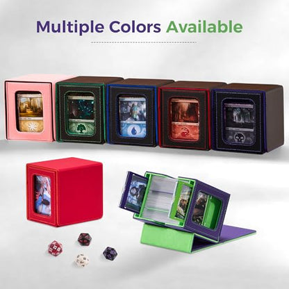 MTG Commander Deck Box with Dual Display Windows and Dice Tray | Fits 100 Double-Sleeved Cards, PU Leather, 2 Magnetic Card Holders, 2 Dividers, Purple & Neon Green - color: 1. Purple & Neon Green