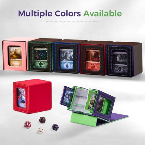 MTG Commander Deck Box with Dual Display Windows and Dice Tray | Fits 100 Double-Sleeved Cards, PU Leather, 2 Magnetic Card Holders, 2 Dividers, Purple & Neon Green - color: 1. Purple & Neon Green