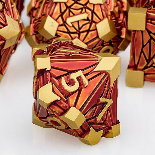 Metal DND Dice Set Golden Red Debris RPG D and D Dice for use with D&D Tabletop Games Role Playing Game Polyhedral Dice Set with Box D20 D12 D10 D8 D6 D4 - color: Red Gold