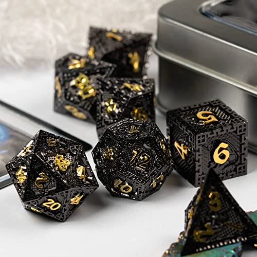 UDIXI Metal DND Dice Set Polyhedral D&D Dragon Metal Dice for RPG (Black) | 7-Pieces, Dragon Carved, Chain-edge Design, Metal Gift Box, DM Gift, for Dungeons and Dragons Role Playing Games - color: Chain Frame-black Golden