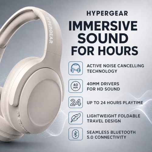 HyperGear Foldable Over-Ear Headphones - Wireless Bluetooth Headphones with Active Noise Cancelling, HD Audio, 40mm Drivers, and Deep Bass, Bone - color: Bone