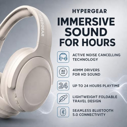 HyperGear Foldable Over-Ear Headphones - Wireless Bluetooth Headphones with Active Noise Cancelling, HD Audio, 40mm Drivers, and Deep Bass, Bone - color: Bone