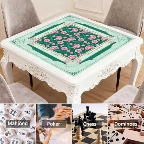 Mahjong Mat for Table with Carrying Bag & 3 Dice, Green Pink Floral 31.5"x31.5" Square Rubber Mahjong Table Cover, Non-Slip & Noise Reduction Gaming Mat for Mah Jongg, Poker, Dominoes & Tile Games - color: Green Pink