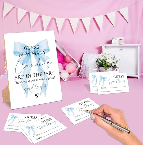 Blue Bow Guess How Many Candies Are In The Jar Game, Pack of 1 Wooden Tabletop Sign with Stand and 50 Guessing Cards, Blue Coquette Bow Baby Shower Game, Gender Reveal Party Decorations - KA02 - color: Guess How Many Candies Are in the Jar