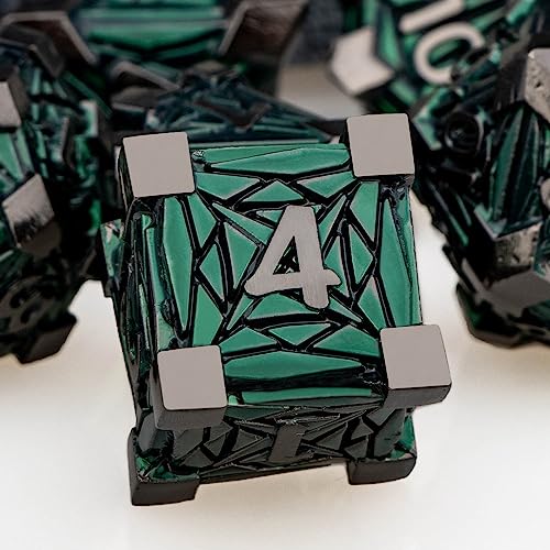 7PCS Metal DND Dice Set with Box, Debris RPG Green D and D Dice for use with D&D Tabletop Games Role Playing Game Polyhedral Dice Set D20 D12 D10 D8 D6 D4 - color: Black Green