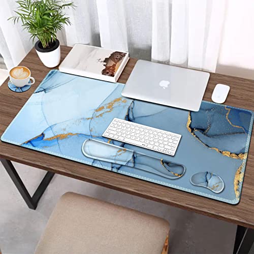 AIMSA Large Gaming Mouse Pad Set, Keyboard Wrist Rest Support Mouse Pad, Ergonomic Memory Foam Multifunctional Extended Desk Mat 35x15.7in Anti-Slip Rubber Base for Office Home, Blue Marble - color: Blue Marble