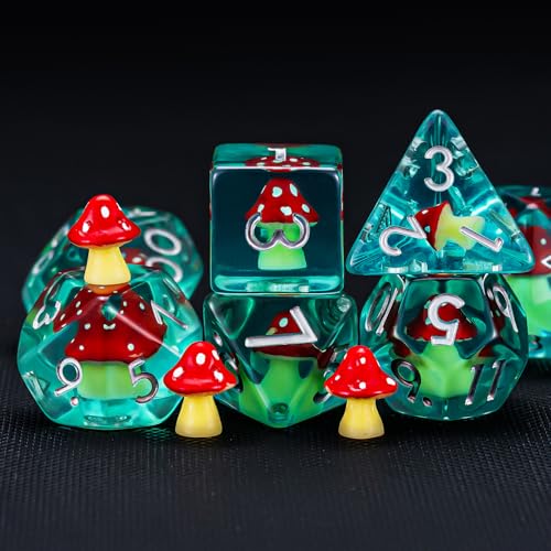 DND Resin Mushroom Dice Set, D&D Polyhedral Dice for Dungeons and Dragons RPG, MTG Role Playing Games D and D Dice 7pc D20 D12 D10 D8 D6 D4 for Ages 15 and Up - color: Red Mushroom