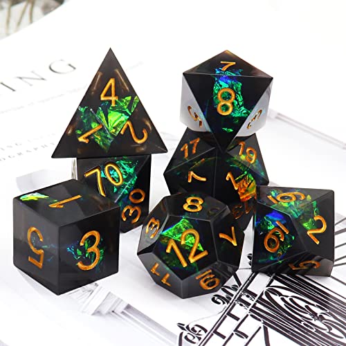 Haxtec Sharp Edge DND Dice Set, Iridecent Resin Polyhedral RPG Dice | Black Galaxy Green Holographic D&D Dice, Compatible with Dungeons and Dragons, Handmade 7-Die with Metal Case, MTG Gifts - color: Black Green