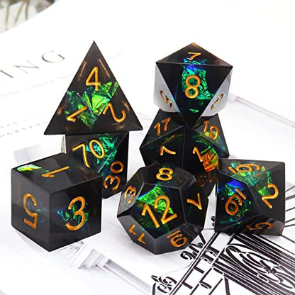 Haxtec Sharp Edge DND Dice Set, Iridecent Resin Polyhedral RPG Dice | Black Galaxy Green Holographic D&D Dice, Compatible with Dungeons and Dragons, Handmade 7-Die with Metal Case, MTG Gifts - color: Black Green