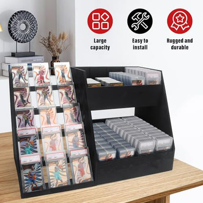 5-Tier Trading Card Display,Large Capacity Card Display Stand with 8-Row Storage & 8 Stoppers + Dividers,Wooden Graded Card Display Holds 200+ PSA BGS SGC Slabs for Sports Card and Game Card Collection - size: 25.7*10.6*16.2in