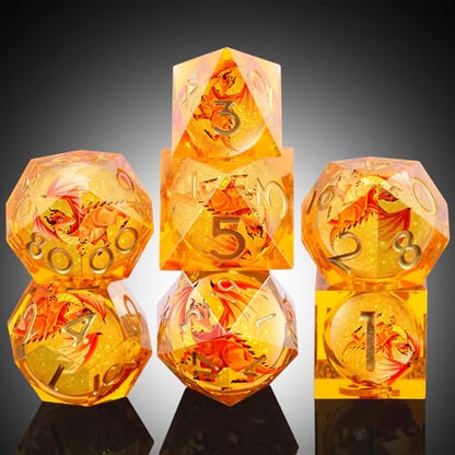 DNDND Red Dragon Dice with Gold Numbers | Liquid Core 7-Piece Sharp Edge Resin DND Dice Set | Dragon Themed Collectible Metal Case | RPG Tabletop Gaming Gift - color: Liquid Dragon Gold