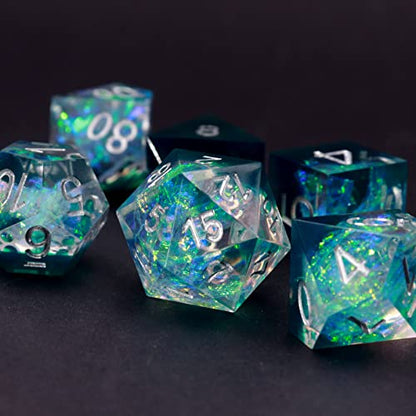 Haxtec Sharp Edge DND Dice Set, Iridecent Resin Polyhedral RPG Dice | Green Galaxy Holographic D&D Dice, Compatible with Dungeons and Dragons, Handmade 7-Die with Metal Case, TTRPG Gifts - color: Green