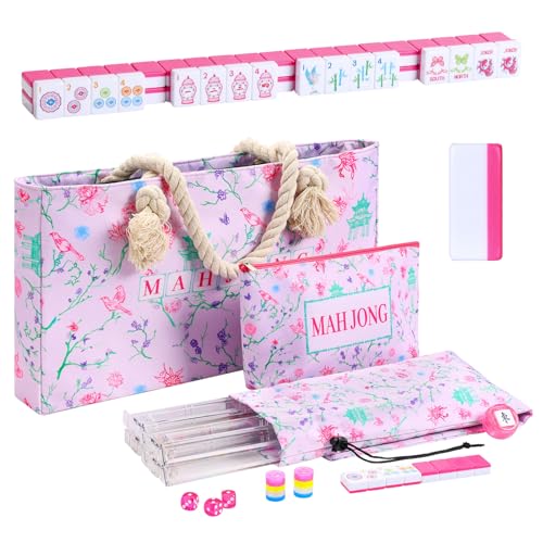 TIASUSAN American Mahjong Tile Set with160 Engraved Mahjong Tiles(1.2"), Mahjong Set with Pink Mahjong Bag, Racks and Accessories. - style: Magenta (With Racks)