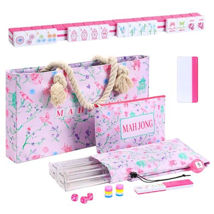 TIASUSAN American Mahjong Tile Set with160 Engraved Mahjong Tiles(1.2"), Mahjong Set with Pink Mahjong Bag, Racks and Accessories. - style: Magenta (With Racks)