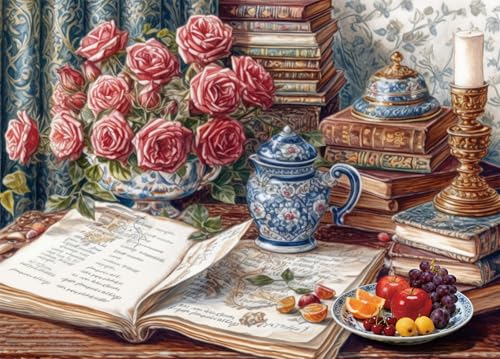 Jigsaw Puzzles for Adults 1000 Pieces, Books and Roses with Poster Interlock Perfectly Letter on Back No Dust, Home Decor Birthday Party Gift Toy for Men Women Elders Seniors (27.5"x19.6") - color: Books