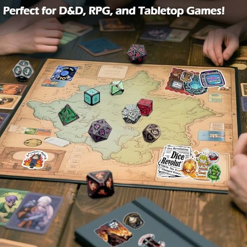 Haxtec Mystery Metal DND Dice Set 7pcs Polyhedral Dice + 3 Funny Waterproof Stickers + 1 Enamel Pin, Metal Dice for Dungeons & Dragons, Possible Hollow Dice, Great DND Gift, No Duplicates in 2/5 Packs - style: Metallic + Pin