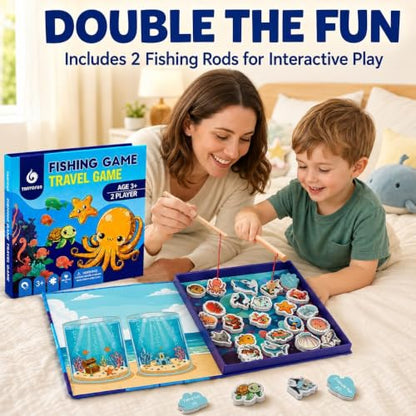 TRAVOFUN Magnetic Fishing Game Book for Kids Ages 3-8, Travel Toys for Toddlers 3-5, Road Trip and Airplane Activities, Quiet Portable Car Ride Toy with 2 Poles and 27 Ocean Fish - style: Fishing Game
