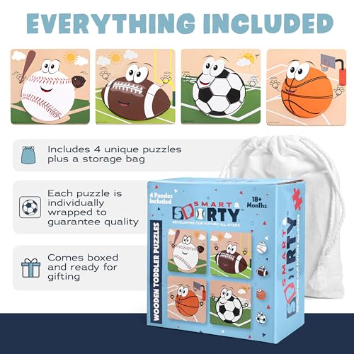 Wooden Sports Puzzles for Toddlers 2-4 | Wood Puzzles for Kids, Toddler Sports Toys for Toddlers, Basketball Toy, Football Toys, Baseball Toy, Soccer Toddler 2 3 Year Old Boy