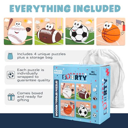 Wooden Sports Puzzles for Toddlers 2-4 | Wood Puzzles for Kids, Toddler Sports Toys for Toddlers, Basketball Toy, Football Toys, Baseball Toy, Soccer Toddler 2 3 Year Old Boy