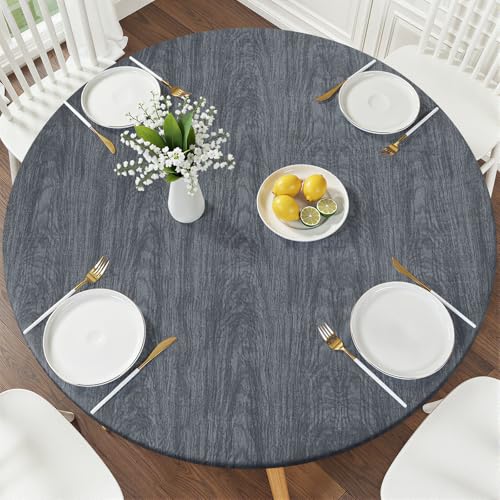 Smiry Round Picnic Tablecloth, Wipeable Flannel Backed Vinyl Tablecloths for 36" - 44" Tables, Waterproof Elastic Fitted Table Covers for Camping, Indoor, Outdoor, Grey - color: Grey, size: For Up to 36"-44" Round