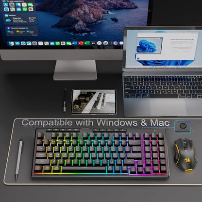 Redragon K517 Pro Wireless Gaming Keyboard, RGB Backlit, Tri-Mode BT/2.4GHz/USB-C, Mechanical Feel 94 Keys Computer Keyboard with 4 Macro Keys, Number Pad, 4000mAh Battery for Win/MAC - color: Black-W