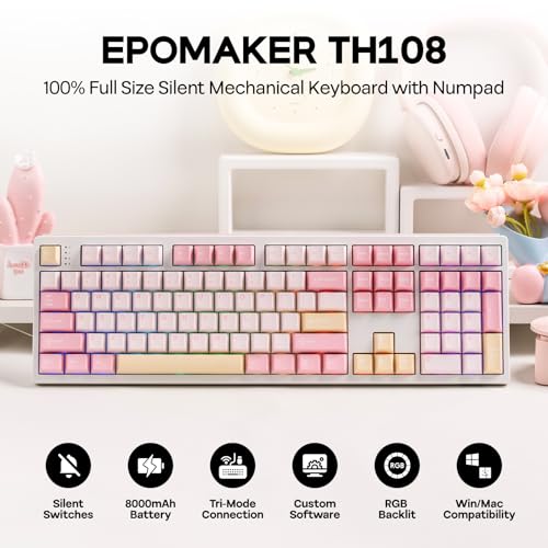 EPOMAKER TH108 Full Size Mechanical Keyboard, Wireless Gaming Keyboard with 8000mAh Battery, Creamy Gasket, 108 Keys, Hot Swap, Custom Driver, RGB Backlight (Pink, Sea Salt Silent) - color: Pink, size: Sea Salt Silent