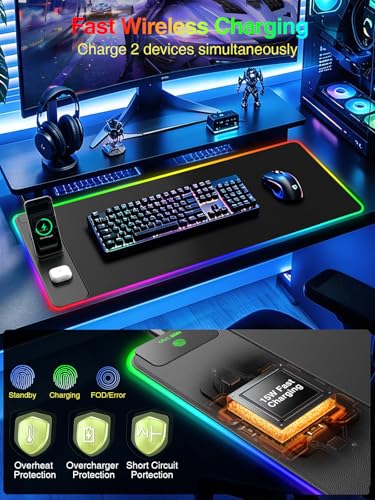 Wireless Charging Mouse Pad with Magnetic Phone Stand, 31.5"x15.8" Large | Gaming Mousepad RGB Desk Mat, Smooth Glide, Stitched Edge, Non-Slip Rubber Base, Waterproof Keyboard Mat, No Adatper - color: RGB-Mag Stand