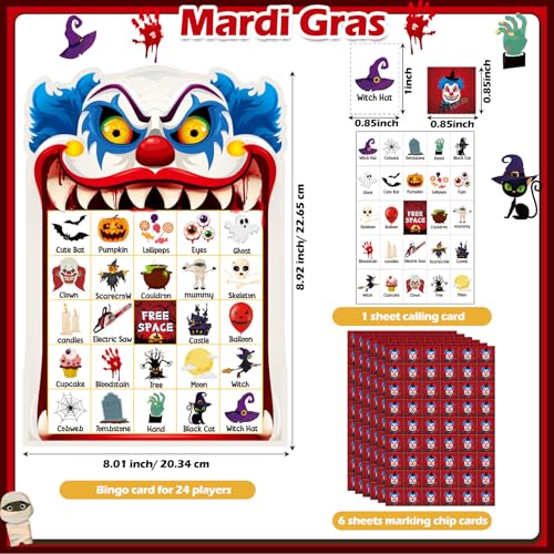 Blosssound Halloween Clown Bingo Game – 24 Players Bingo Cards with Call Card & Marker Sheets – Spooky Halloween Party Games, Classroom Activities, Fall Carnival Prizes, Trick or Treat Fun - style: Halloween Clown