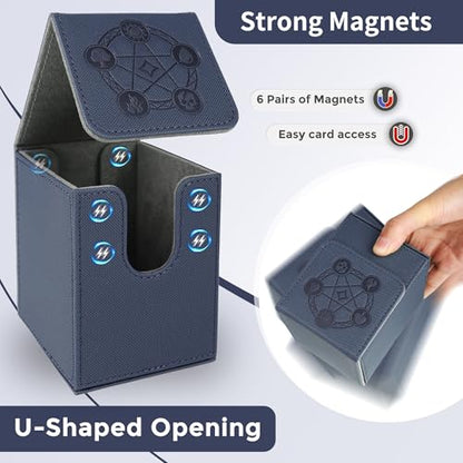 Card Deck Box with 2 Dividers, MTG Commander Deck Box Holds 100+ Double-Sleeved Cards, Leather Magnetic Deck Case Compatible with Magic TCG CCG Cards, Blue - color: 2. Blue, size: 100 Double-sleeved Cards Vertical