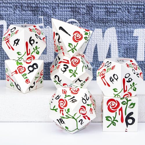 Gothic DND Dice Set Bleeding Rose Metal D and D Dice for use with Dungeons Dragons D&D Role Playing Game, Red RPG Polyhedral Dice Set D20 D12 D10 D8 D6 D4 - color: Red&silver&black Numbers