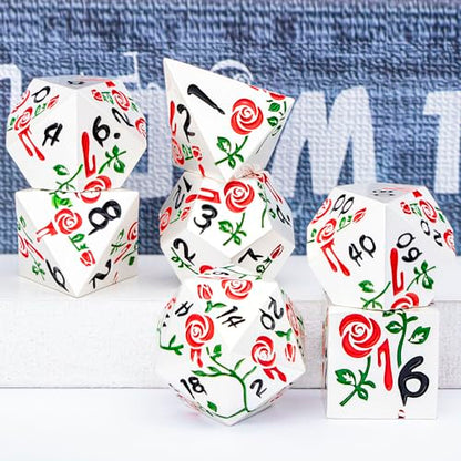 Gothic DND Dice Set Bleeding Rose Metal D and D Dice for use with Dungeons Dragons D&D Role Playing Game, Red RPG Polyhedral Dice Set D20 D12 D10 D8 D6 D4 - color: Red&silver&black Numbers