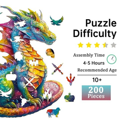 Jigfoxy Wooden Puzzles for Adults, Dragon Wood Puzzle for Adults, Unique Animal-Shaped Wooden Jigsaw Puzzle, Christmas Thanksgiving Gifts for Family and Friends (M-12.2 * 10.5in-200pcs) - size: Medium