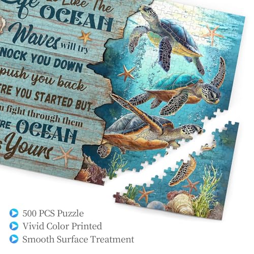 Sea Turtle Ocean Jigsaw Puzzle for Adult 500 Pieces Unique Inspiration Quote Wooden Jigsaw with Letters on Back Challenging Family Activity Games Turtle Gifts - color: Ocean Turtle 01, size: 500PCS
