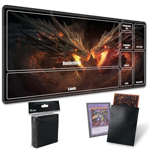Board Game Mat TCG Playmat Plus 50 Pcs Card Sleeves, 24 x 14 inches Table Mats Games Mousepad with Zones Smooth Surface for MTG RPG CCG Trading Card Game Play Mats, Fierce Fire Dragon - color: Fierce Fire Dragon, size: Zone 1