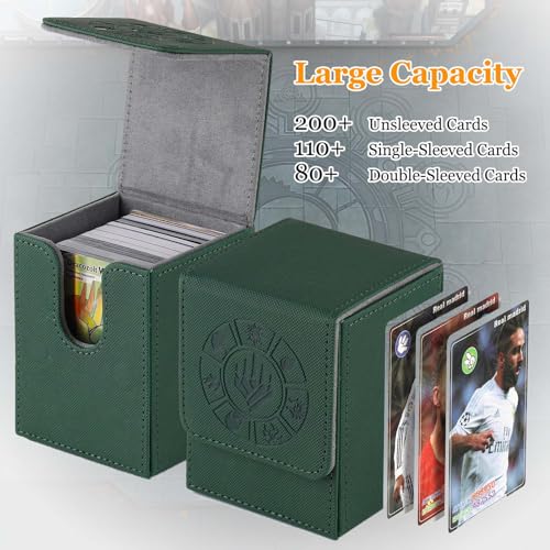 Arkeiliy Card Deck Box, 110+ Storage MTG Deck Box with 50 Pcs Card Sleeve, Collectible Trading Card Cases for Magic Commander and More (Green) - color: Green
