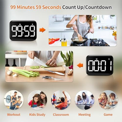 VOCOO Magnetic Kitchen Timer for Cooking with Count Up Countdown, Digital Timer Battery Powered with Large Display, 2 Brightness and Volume Levels for Classroom, Teacher, Kids (Dark Black) - color: Dark Black