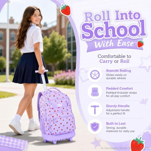 3Pcs Rolling Backpack for Girls Women, Travel Roller Backpacks with Wheels for Adults, Teens College Strawberry Wheeled Bookbag with Lunch Box (Purple) - color: Strawberry Purple