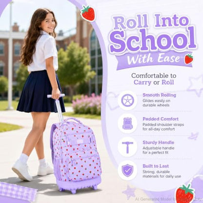 3Pcs Rolling Backpack for Girls Women, Travel Roller Backpacks with Wheels for Adults, Teens College Strawberry Wheeled Bookbag with Lunch Box (Purple) - color: Strawberry Purple