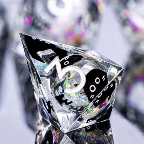 DND Cat Dice Set Colorful White Sharp Edge Dice with Box, RPG D and D Dice Dungeons Dragons Role Playing Game Polyhedral Resin Dice Set D20 D12 D10 D8 D6 D4 - color: Colorful White Silver