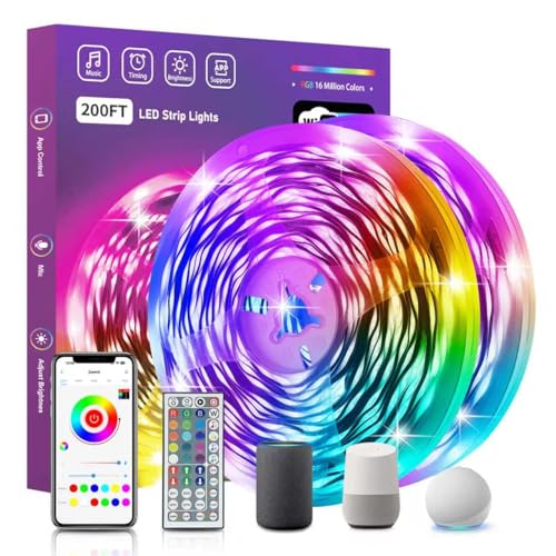 FONEWE Smart WiFi LED Lights 200 ft Remote Control Through APP Led Strip Lights Supports Alexa and Google Assistant Timing Function RGB Color Changing LED Lights for Bedroom and Party - size: 200FT