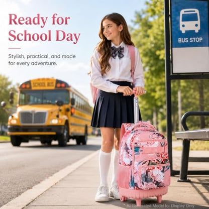 3Pcs Rolling Backpack for Girls Women, Travel Roller Backpacks with Wheels for Adults, Teens College Folwer Wheeled Bookbag with Lunch Box(Pink) - color: Flower Pink