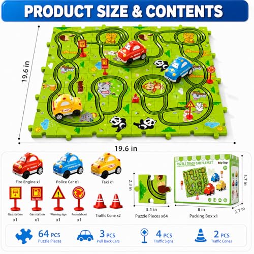 Beby Buty 64PCS Puzzle Race Track Car Set for Kids Boys, Floor Puzzle Tracks Car Toys for Boys Girls Ages 3-5 4-6, Toddler Toys Gifts for 3 4 5 Year Old, Ideal 3 4 5 6 Year Old Birthday Gifts - style: 64 PCS Animal Theme