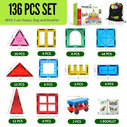 Magnet Tiles for Kids 136 PCS with 2 Cars Bases, STEM Magnetic Tiles for Toddlers, Educational Learning Toys for Ages 3-12, Magnetic Building Tiles for Preschool, Creative Play Set for Kids - style: 136 Pieces