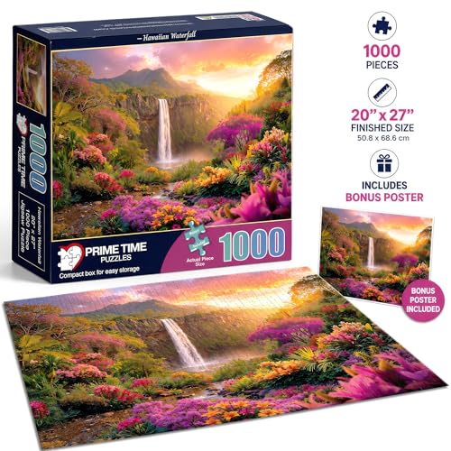 Hawaiian Waterfall Puzzles for Adults 1000 Pieces, Impossible Hard Difficult Challenging Puzzles for Adults, Colorful Tropical Flowers and Peaceful Waterfall Sunset - Jigsaw Puzzle 1000 Piece 20x27 - color: Hawaii Waterfall